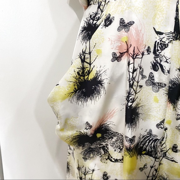 SANDRA ANGELOZZI 100% SILK TIGER TREE PRINT KEYHOLE COLD SHOULDER BELTED DRESS - Picture 6 of 12